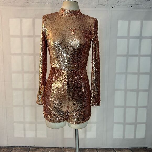 AKIRA Pants - Akira Rose Gold Sequin long sleeve Romper Size S